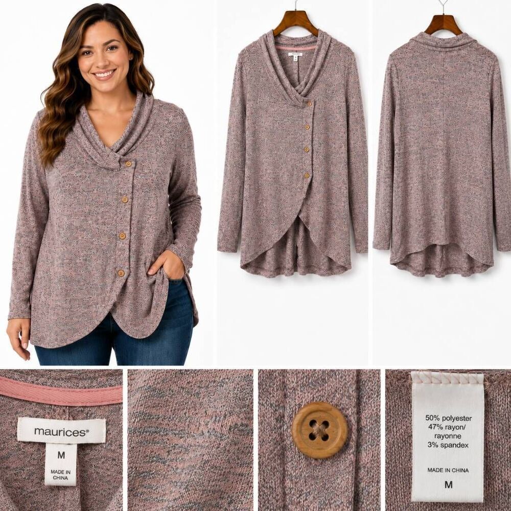 Maurices Cowl Neck Button Tunic Top Pink Heather Medium